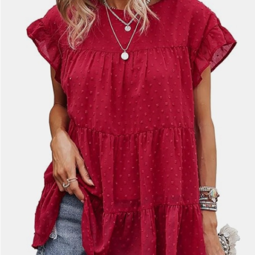 Kirundo Red Ruffle-Sleeve Tiered Boho Babydoll Women's Top NWOT